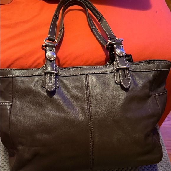 NWOT Coach East West Gallery Dark Brown Leather Tote Bag with Silver Accents. - Picture 2 of 4